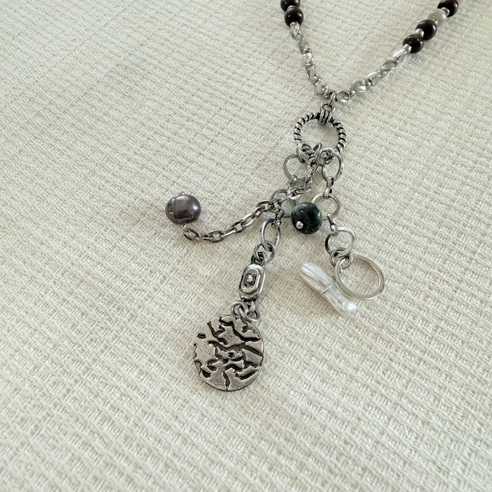 New Free People Layered Silver and Pearl Charm Necklace - Picture 4 of 5